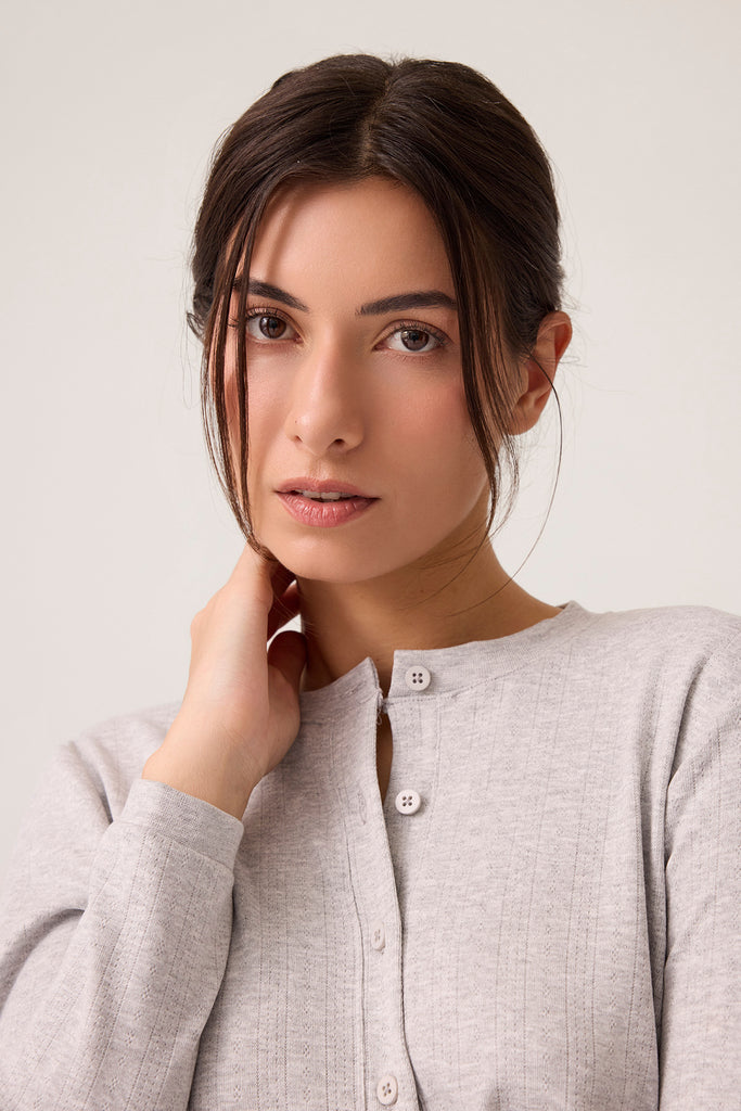 Petek Dokulu Düğmeli Pijama Takımı Pointelle PJ Gri