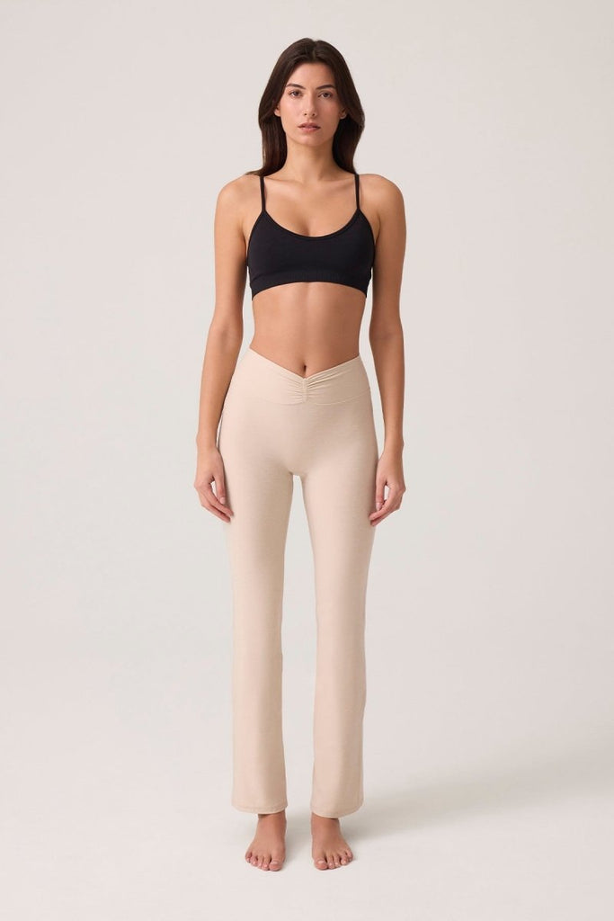 Bel Detaylı İspanyol Paça Pantolon Ruched & Flared Bej - Los Ojos