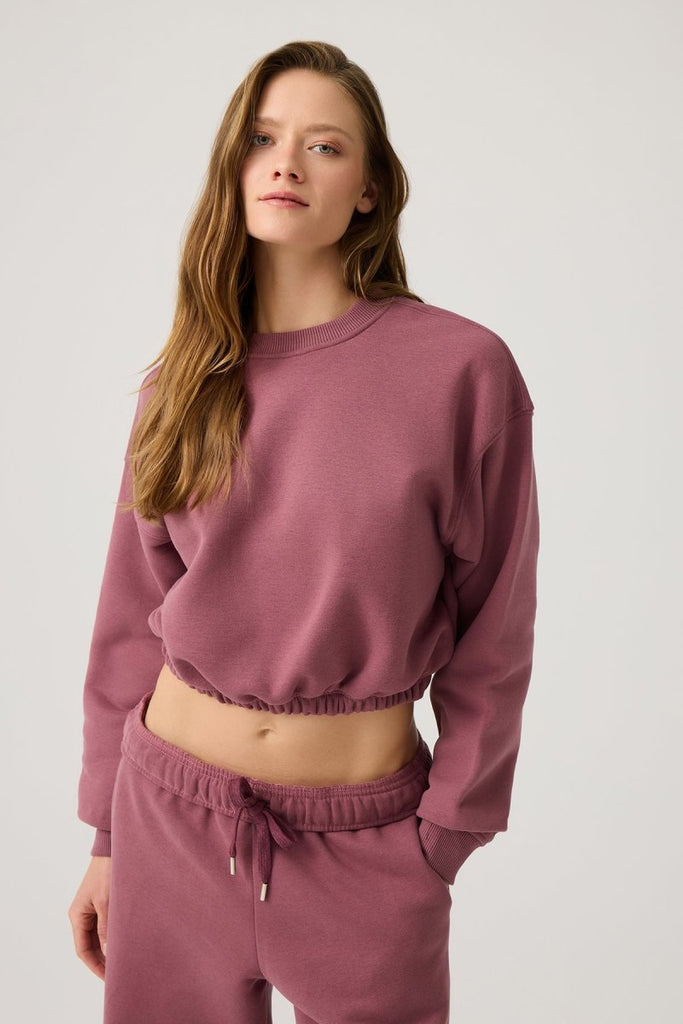 Geniş Kalıp Beli Büzgülü Crop Sweatshirt Cropped Pullover Bordo - Los Ojos