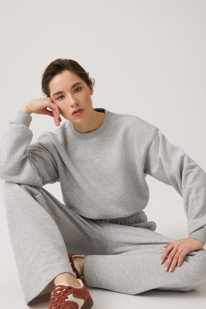 Geniş Kalıp Beli Büzgülü Crop Sweatshirt Cropped Pullover Gri Melanj - Los Ojos