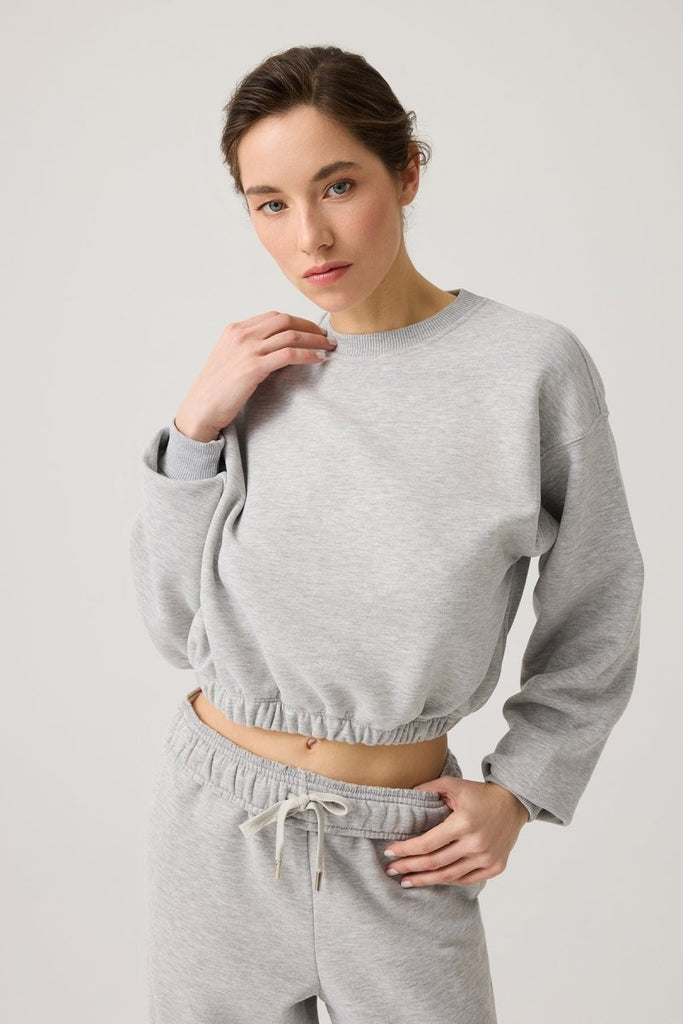 Geniş Kalıp Beli Büzgülü Crop Sweatshirt Cropped Pullover Gri Melanj - Los Ojos