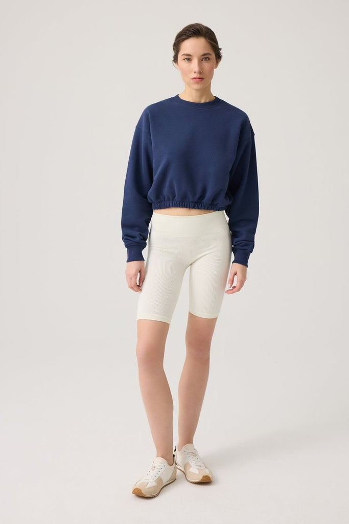 Geniş Kalıp Beli Büzgülü Crop Sweatshirt Cropped Pullover Lacivert - Los Ojos