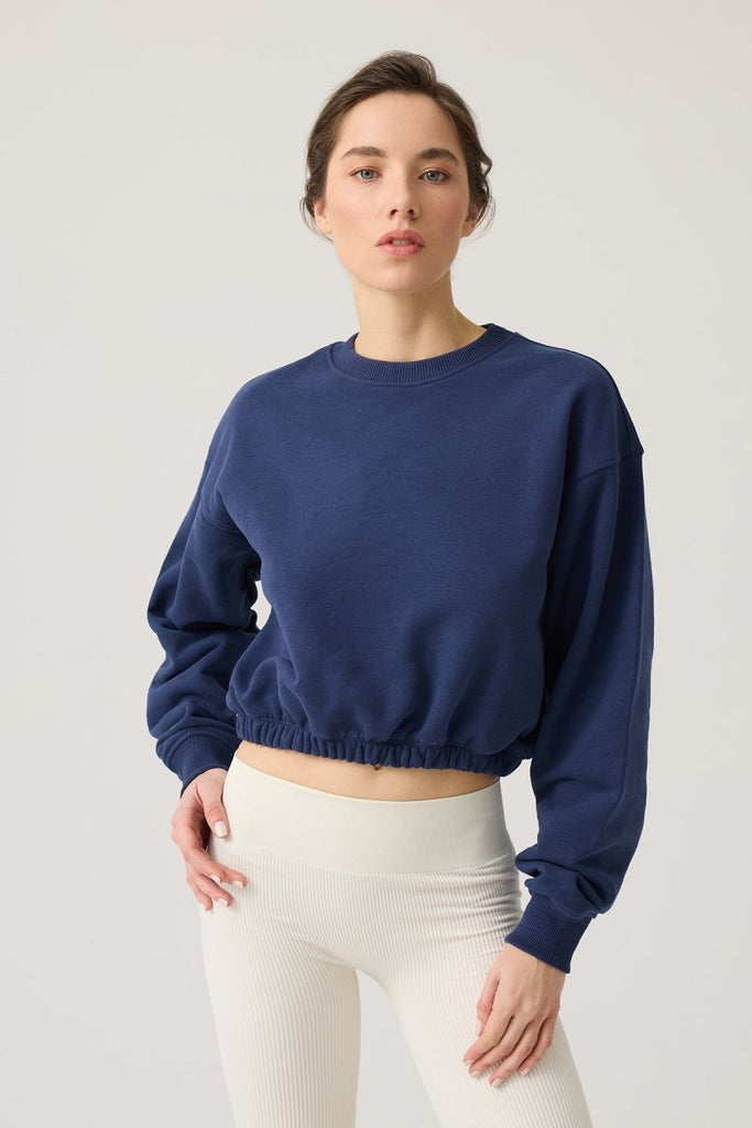 Geniş Kalıp Beli Büzgülü Crop Sweatshirt Cropped Pullover Lacivert - Los Ojos