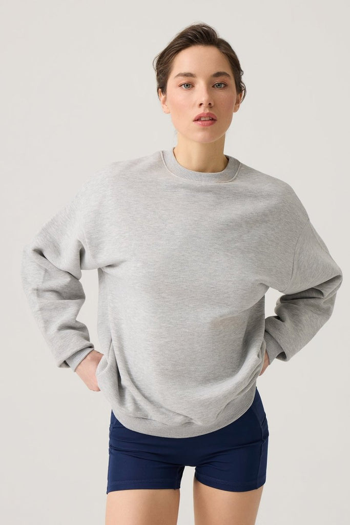 Geniş Kalıp Bisiklet Yaka Sweatshirt Crew Neck Gri Melanj - Los Ojos