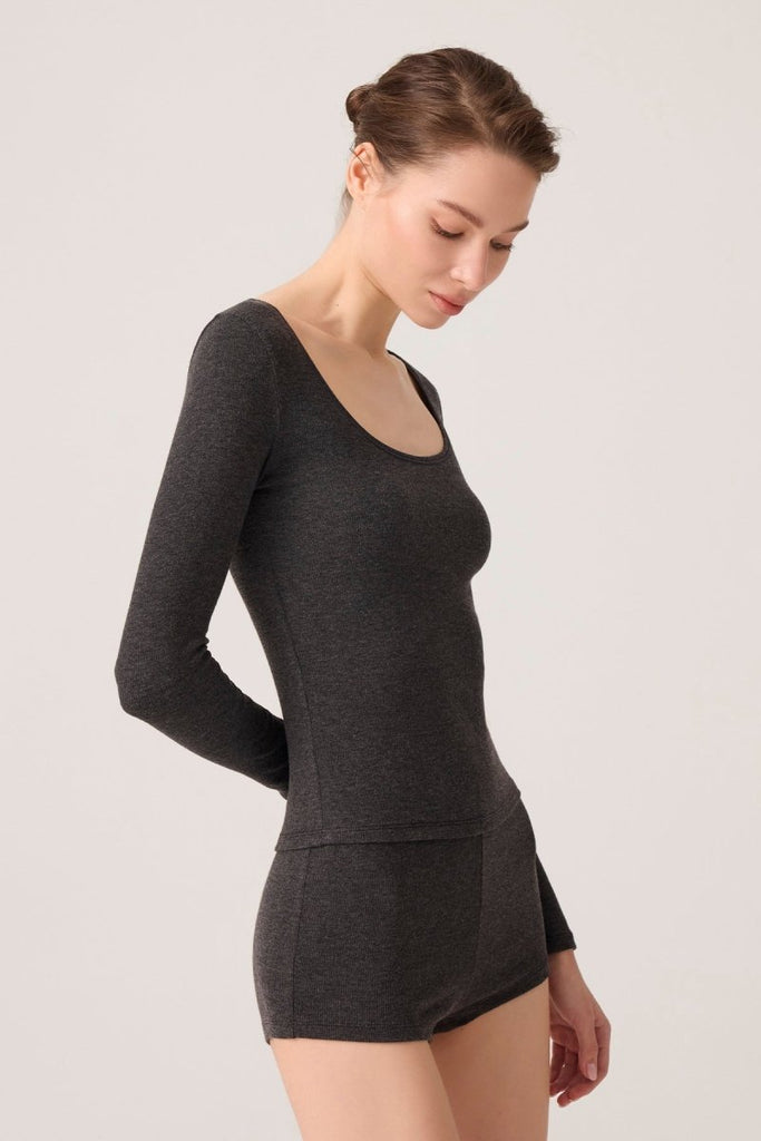 Modal Kumaşlı Uzun Kollu Şortlu Pijama Takımı Ribbed PJ Antrasit - Los Ojos