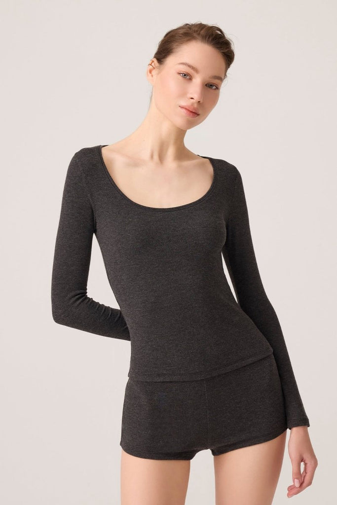 Modal Kumaşlı Uzun Kollu Şortlu Pijama Takımı Ribbed PJ Antrasit - Los Ojos