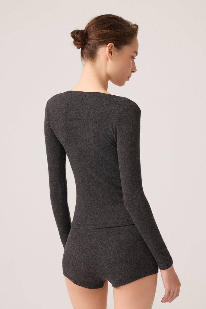 Modal Kumaşlı Uzun Kollu Şortlu Pijama Takımı Ribbed PJ Antrasit - Los Ojos