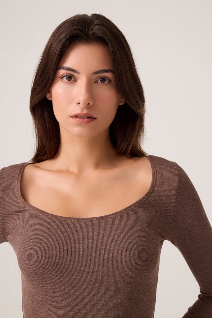 Modal Kumaşlı Uzun Kollu Şortlu Pijama Takımı Ribbed PJ Kahverengi - Los Ojos