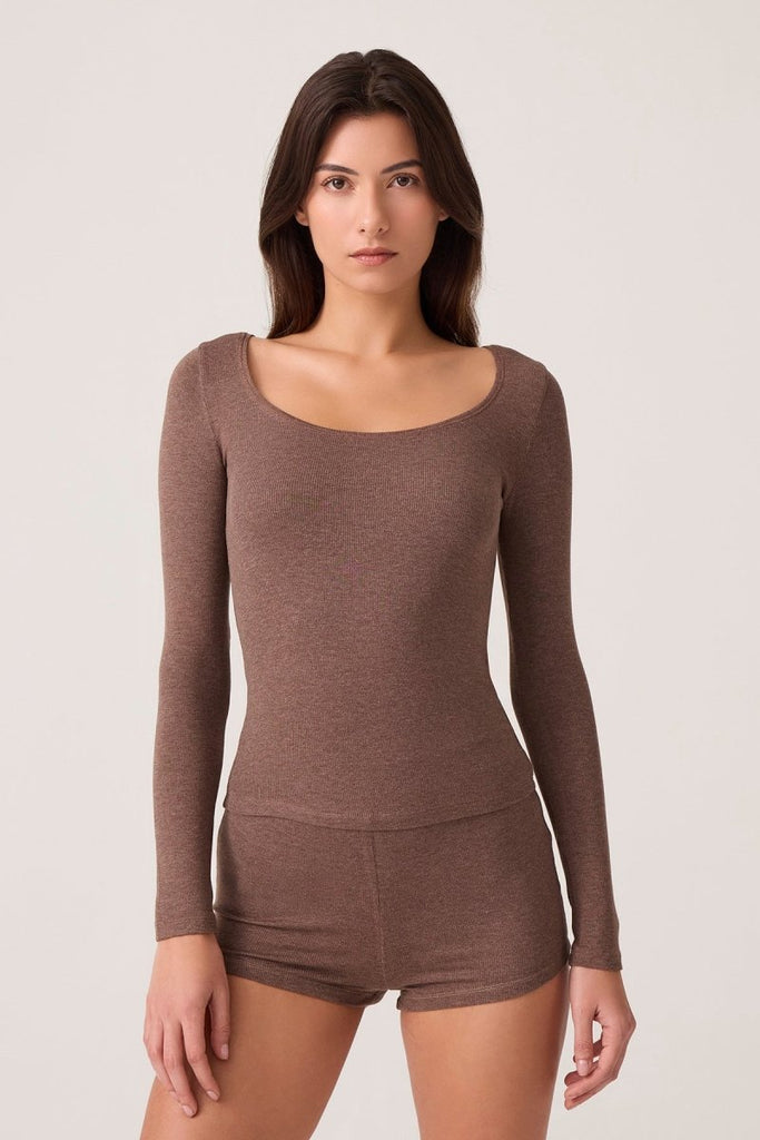 Modal Kumaşlı Uzun Kollu Şortlu Pijama Takımı Ribbed PJ Kahverengi - Los Ojos