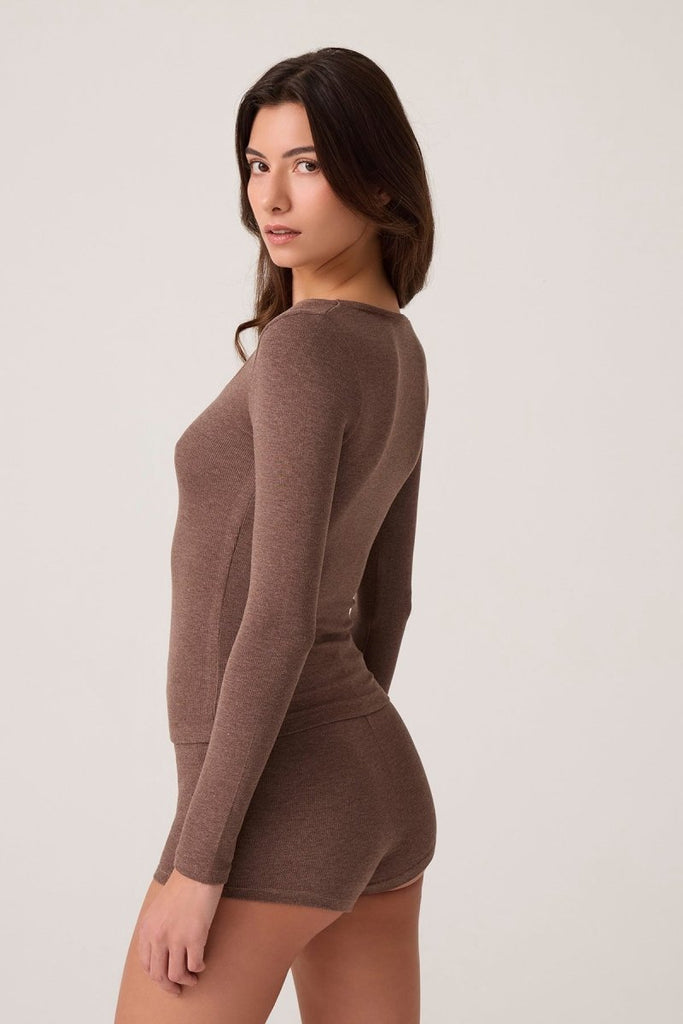 Modal Kumaşlı Uzun Kollu Şortlu Pijama Takımı Ribbed PJ Kahverengi - Los Ojos