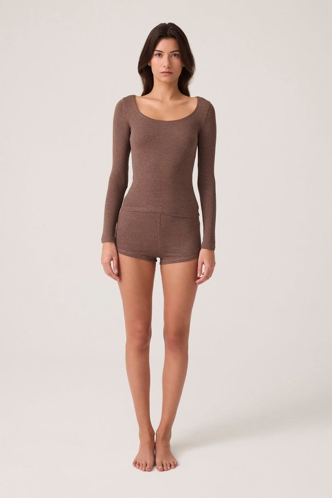 Modal Kumaşlı Uzun Kollu Şortlu Pijama Takımı Ribbed PJ Kahverengi - Los Ojos