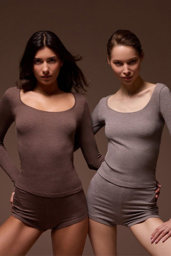 Modal Kumaşlı Uzun Kollu Şortlu Pijama Takımı Ribbed PJ Vizon - Los Ojos