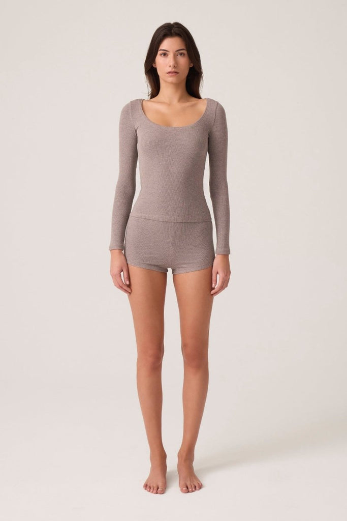 Modal Kumaşlı Uzun Kollu Şortlu Pijama Takımı Ribbed PJ Vizon - Los Ojos