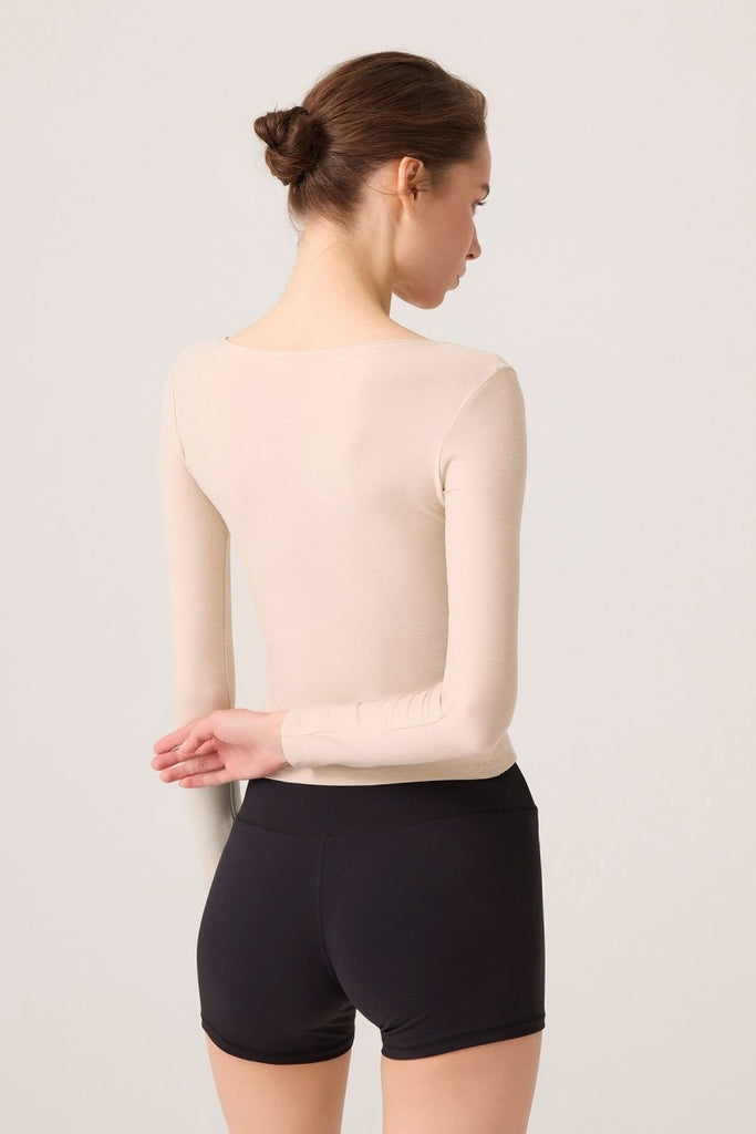 Uzun Kollu U Yaka Spor Bluz Scoop Neck Top Bej - Los Ojos