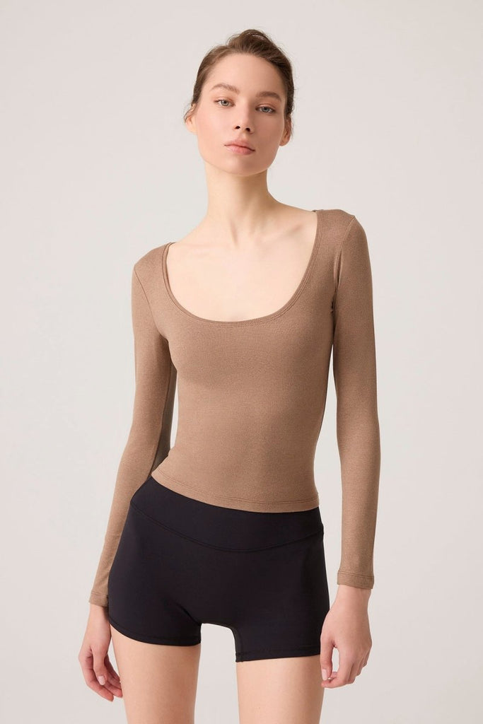 Uzun Kollu U Yaka Spor Bluz Scoop Neck Top Mocha Kahve - Los Ojos