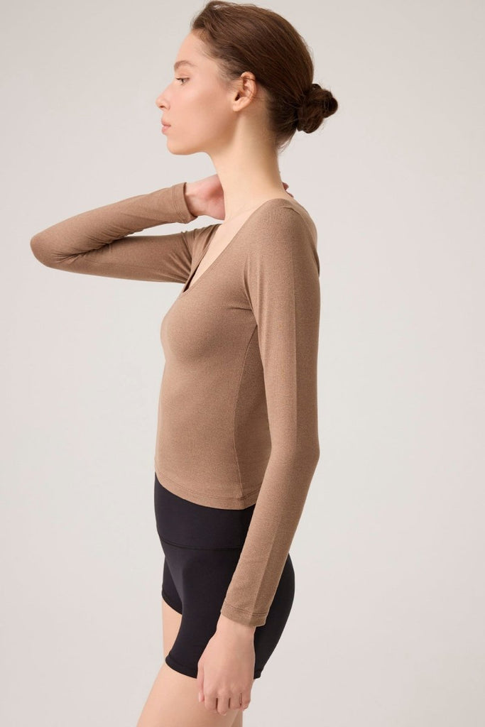 Uzun Kollu U Yaka Spor Bluz Scoop Neck Top Mocha Kahve - Los Ojos