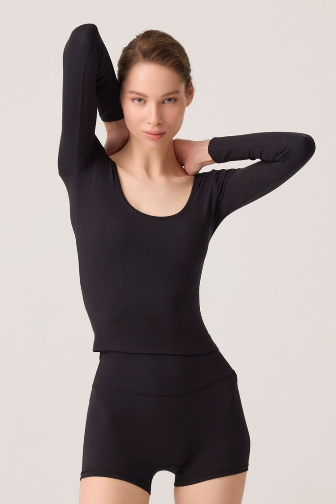Uzun Kollu U Yaka Spor Bluz Scoop Neck Top Siyah - Los Ojos
