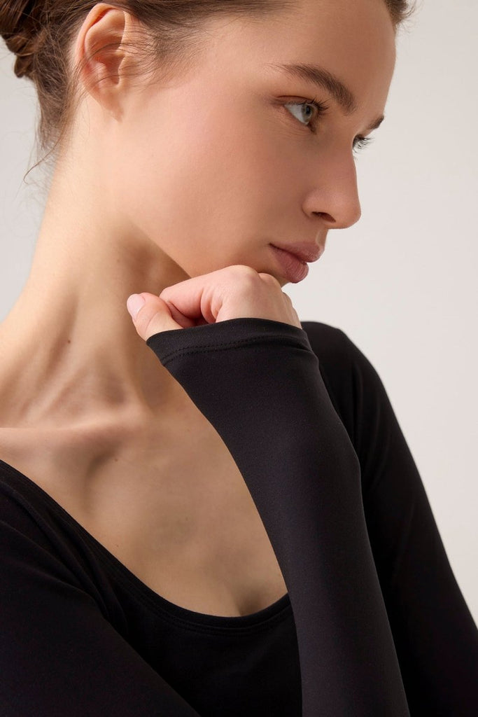 Uzun Kollu U Yaka Spor Bluz Scoop Neck Top Siyah - Los Ojos