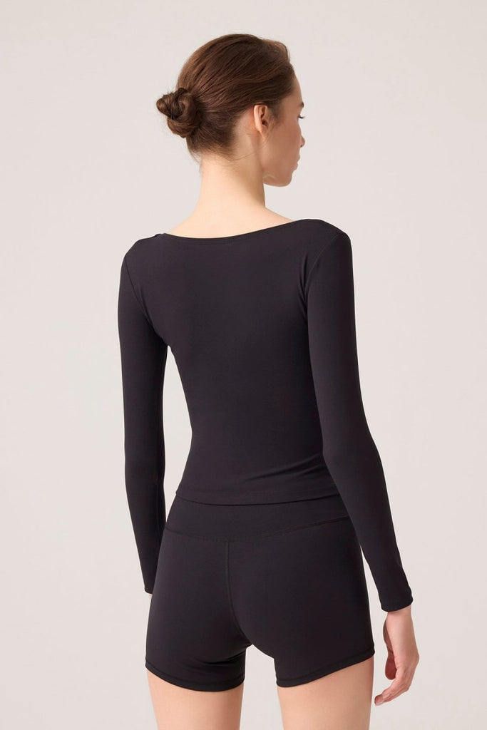 Uzun Kollu U Yaka Spor Bluz Scoop Neck Top Siyah - Los Ojos