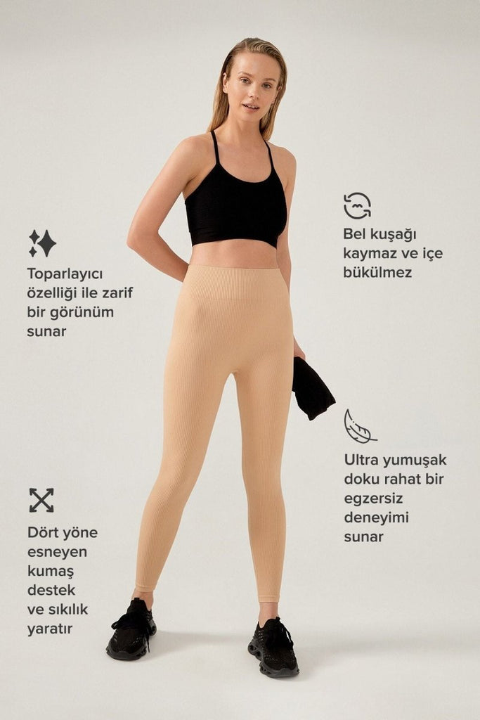 Yüksek Bel Fitilli Seamless Spor Tayt Karamel - Outlet - Los Ojos
