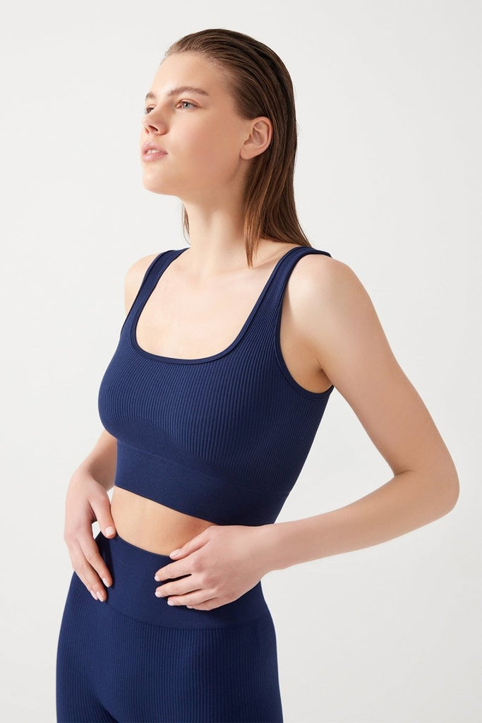 Askılı Fitilli Kare Yaka Crop Top Büstiyer Lacivert - Los Ojos