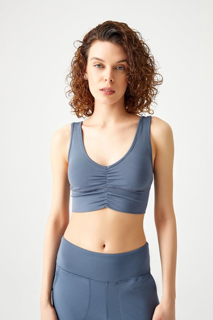 Hafif Destekli Kaplı Önü Büzgülü Crop Top Büstiyer Antrasit - Los Ojos