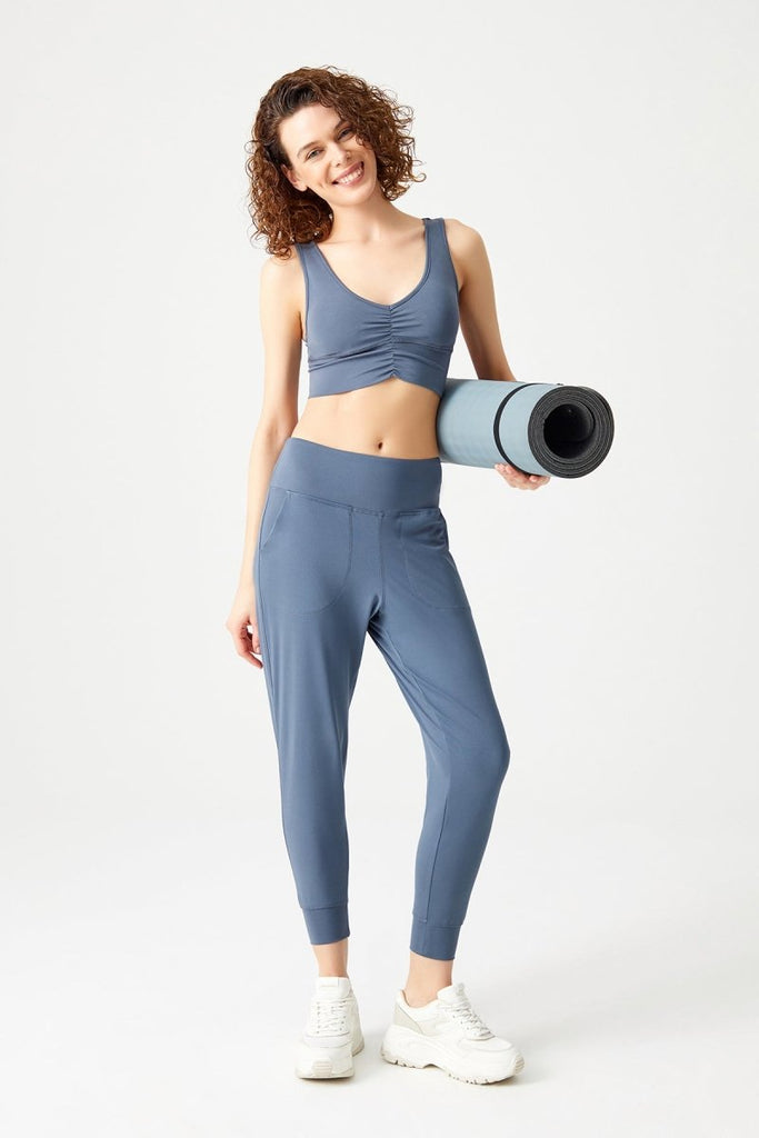 Hafif Destekli Kaplı Önü Büzgülü Crop Top Büstiyer Antrasit - Los Ojos