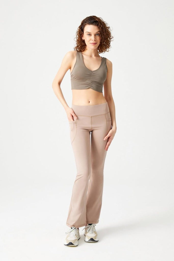 Hafif Destekli Kaplı Önü Büzgülü Crop Top Büstiyer Haki - Los Ojos