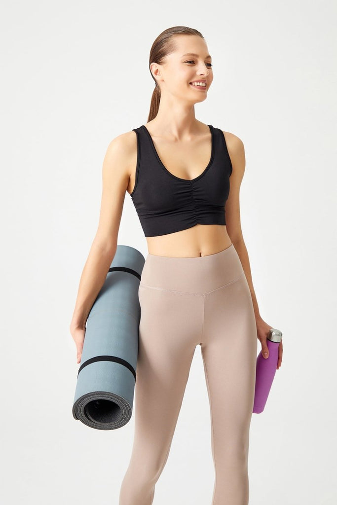 Hafif Destekli Kaplı Önü Büzgülü Crop Top Büstiyer Siyah - Los Ojos