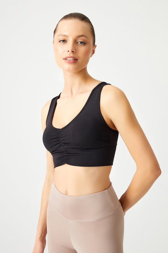 Hafif Destekli Kaplı Önü Büzgülü Crop Top Büstiyer Siyah - Los Ojos