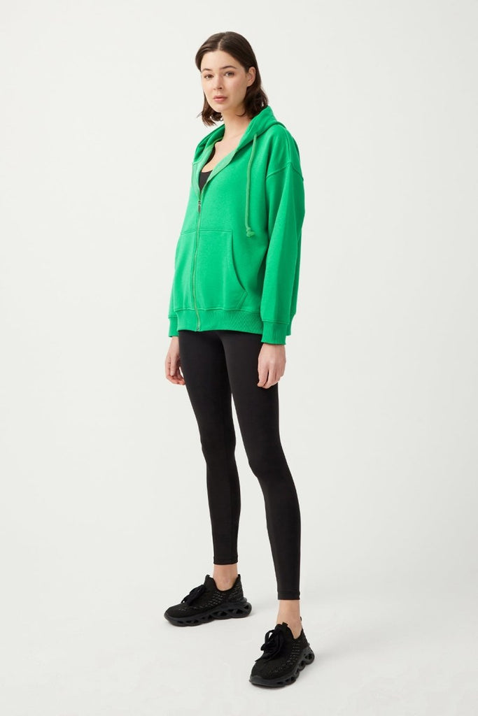 Kapüşonlu Oversize Şardonlu Fermuarlı Sweatshirt Yeşil - Los Ojos