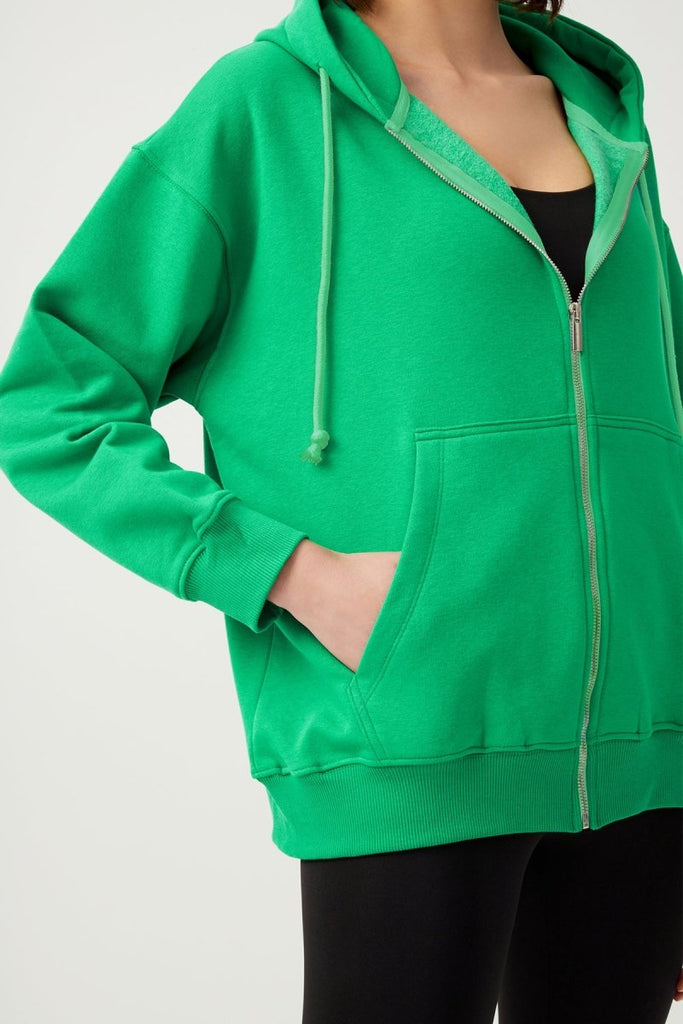 Kapüşonlu Oversize Şardonlu Fermuarlı Sweatshirt Yeşil - Los Ojos