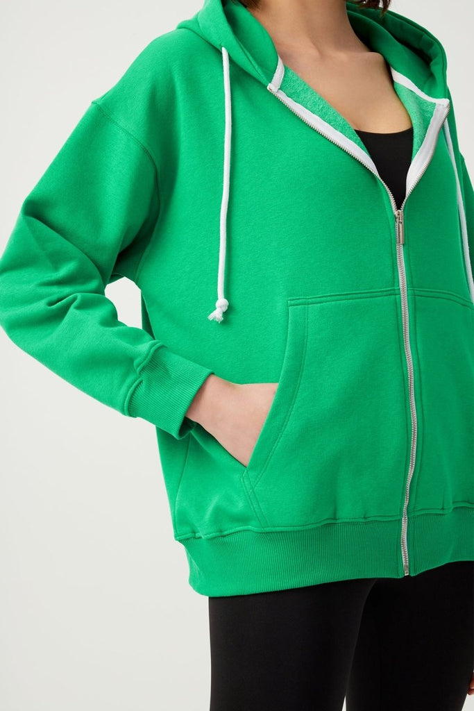 Kapüşonlu Oversize Şardonlu Fermuarlı Sweatshirt Yeşil - Beyaz - Los Ojos
