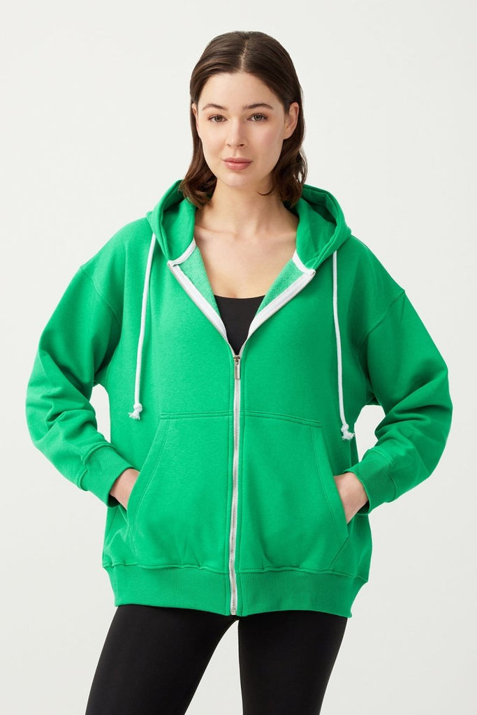 Kapüşonlu Oversize Şardonlu Fermuarlı Sweatshirt Yeşil - Beyaz - Los Ojos