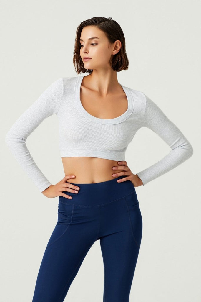 x Melodi Pamuklu Fitilli Crop Spor Bluz Long Sleeve Kar Melanj - Los Ojos