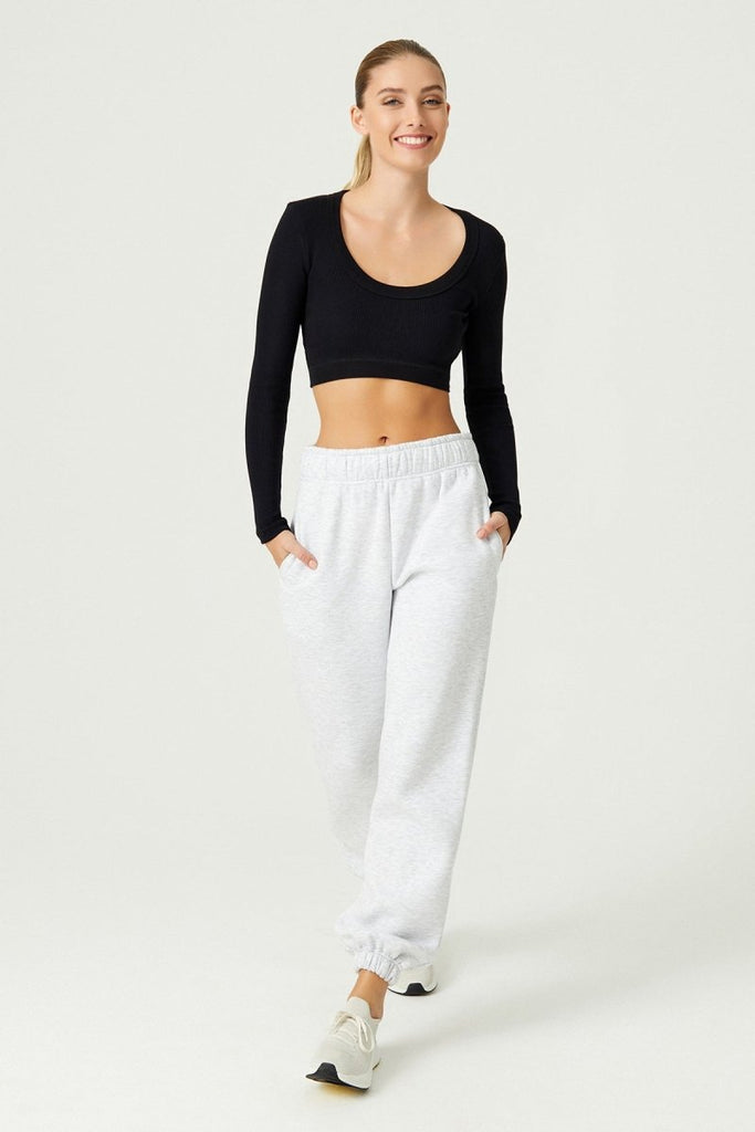 x Melodi Pamuklu Fitilli Crop Spor Bluz Long Sleeve Siyah - Los Ojos